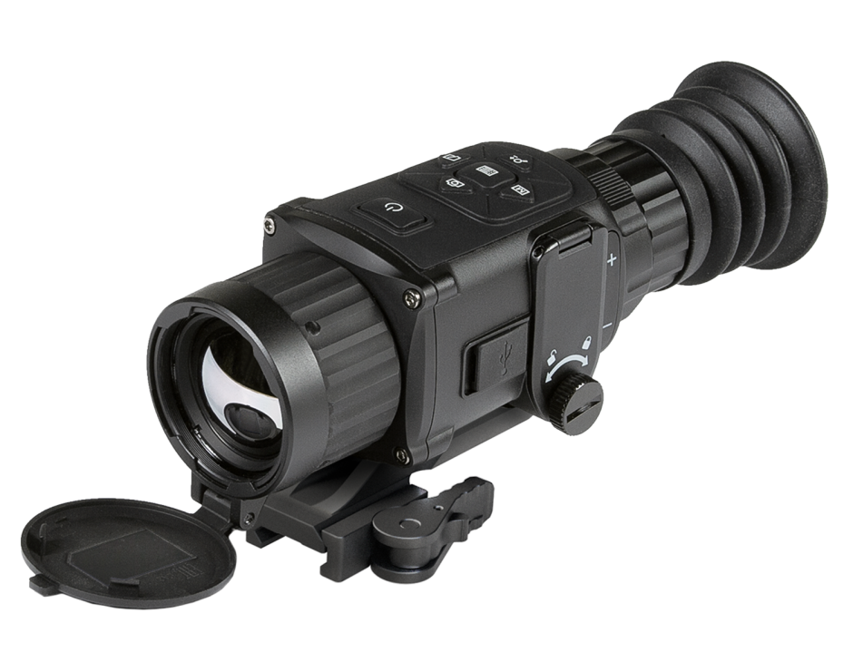 Compact night vision monocular featuring digital controls and a protective lens cover, ideal for low-light conditions.