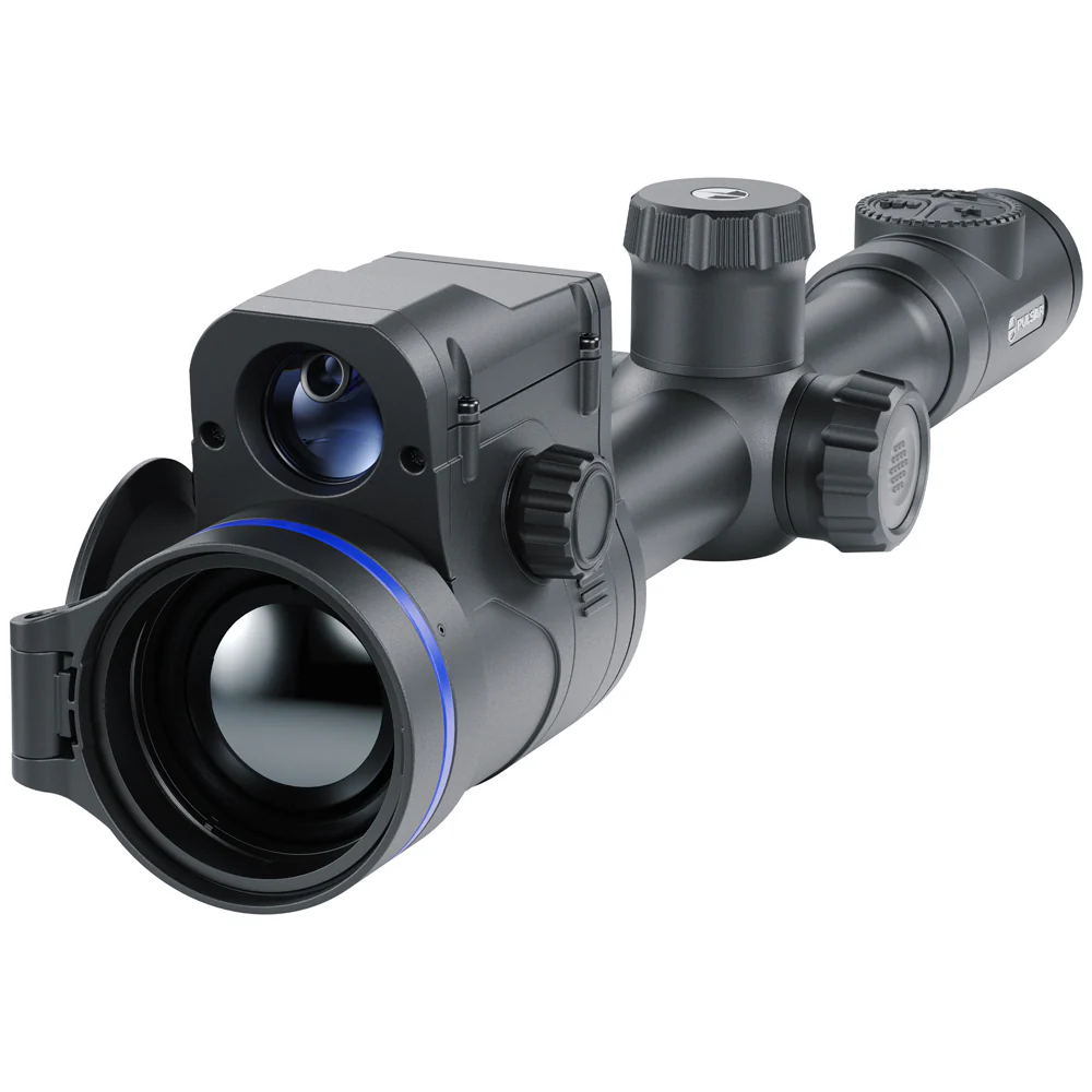 Alt text: Close-up of a tactical rifle scope featuring adjustable knobs and a lens with a blue accent, ideal for precision aiming.