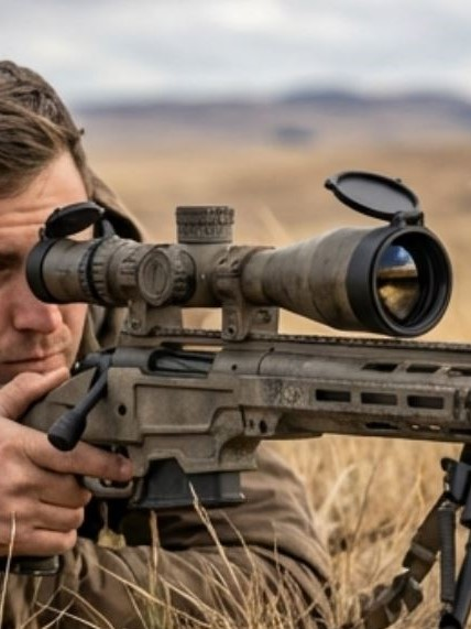 A person aiming a precision rifle with a scope in an outdoor setting, demonstrating focus and skill.
