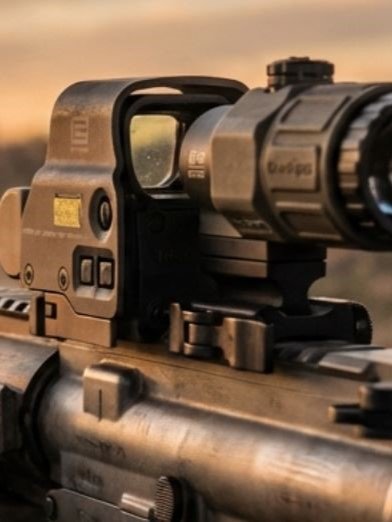 Close-up of a tactical rifle scope mounted on a firearm, showcasing advanced optics and reticle adjustments.