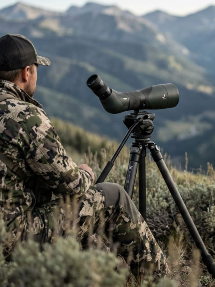 Hunter observing the landscape with a spotting scope on a tripod, surrounded by mountainous terrain and greenery.