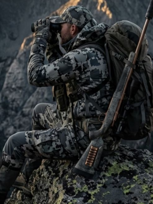 Hunter in camouflage gear using binoculars while sitting on a rocky ledge in a mountainous landscape.