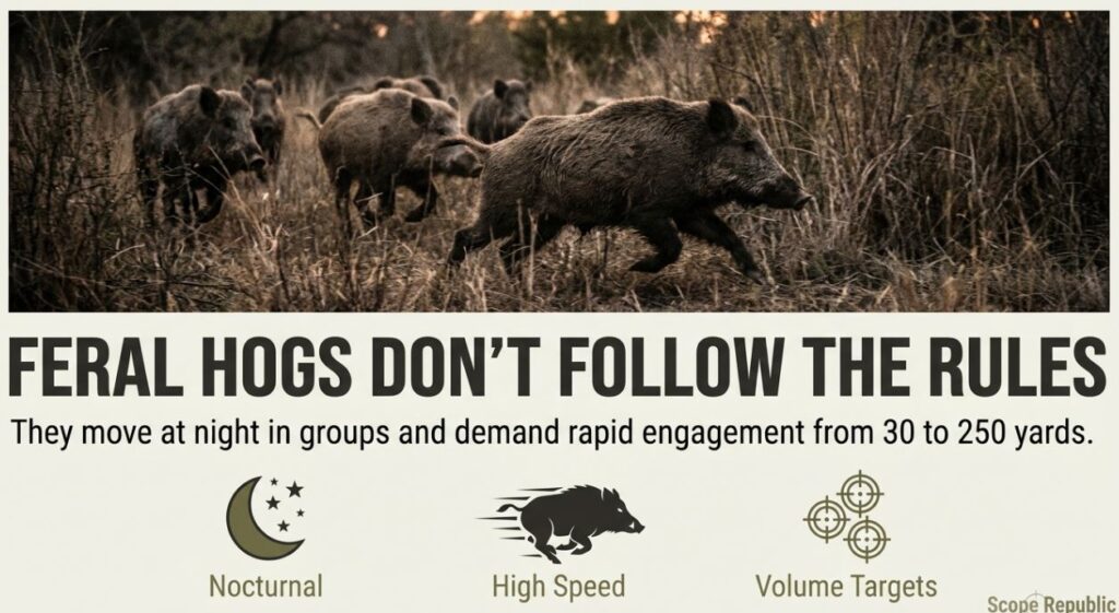 Feral hogs moving in a group at dusk, highlighting their nocturnal, fast, and unpredictable nature.