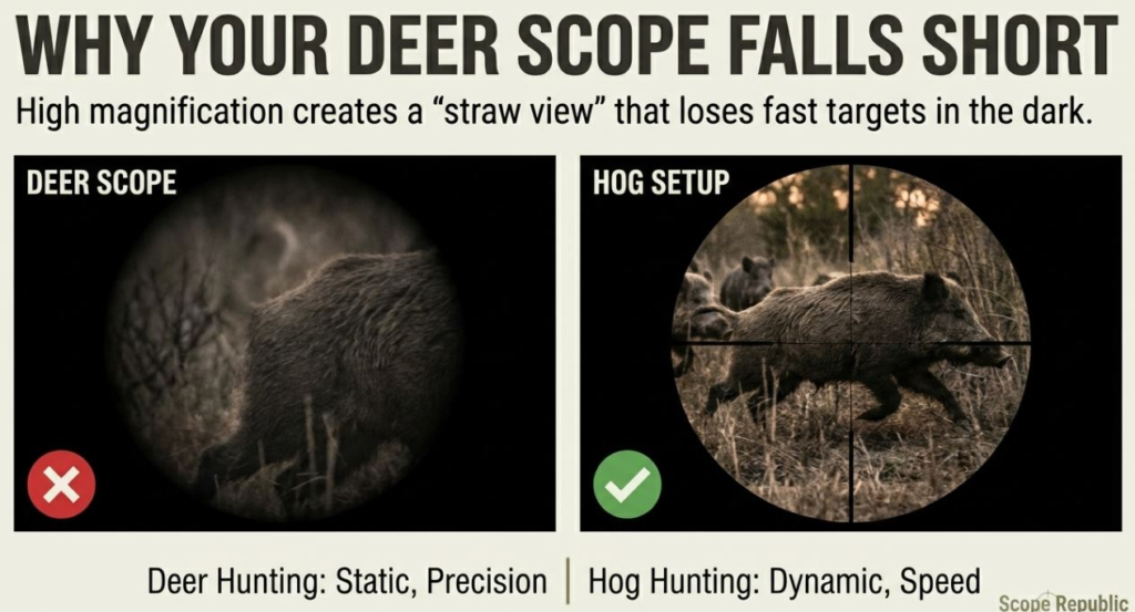 Comparison of deer scope vs. hog setup, highlighting the importance of dynamic hunting optics for fast targets.
