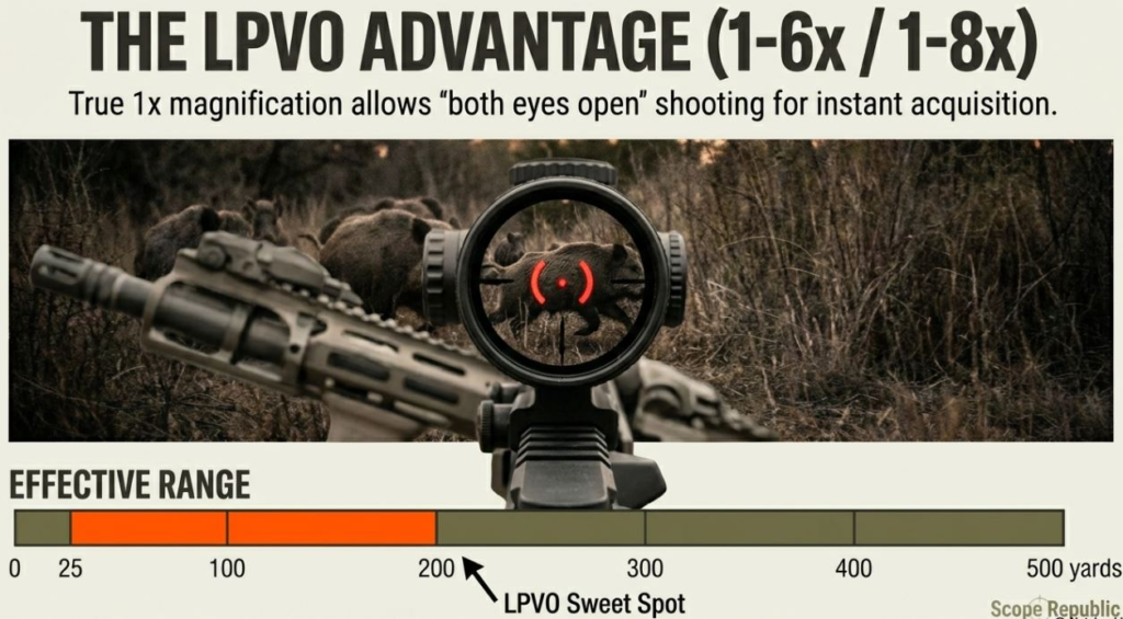 Illustration of LPVO scope benefits, highlighting its true 1x magnification for dual-eye shooting and effective range.