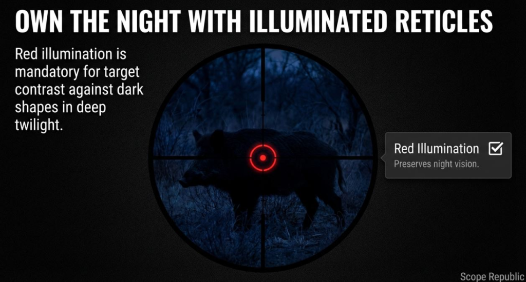 Close-up of a scope's red illuminated reticle targeting a wild boar in low light for enhanced visibility.