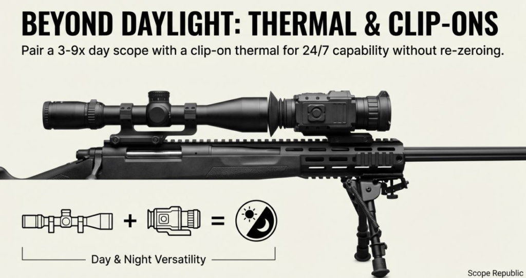 Pair a 3-9x day scope with a clip-on thermal for versatile day and night shooting without re-zeroing.