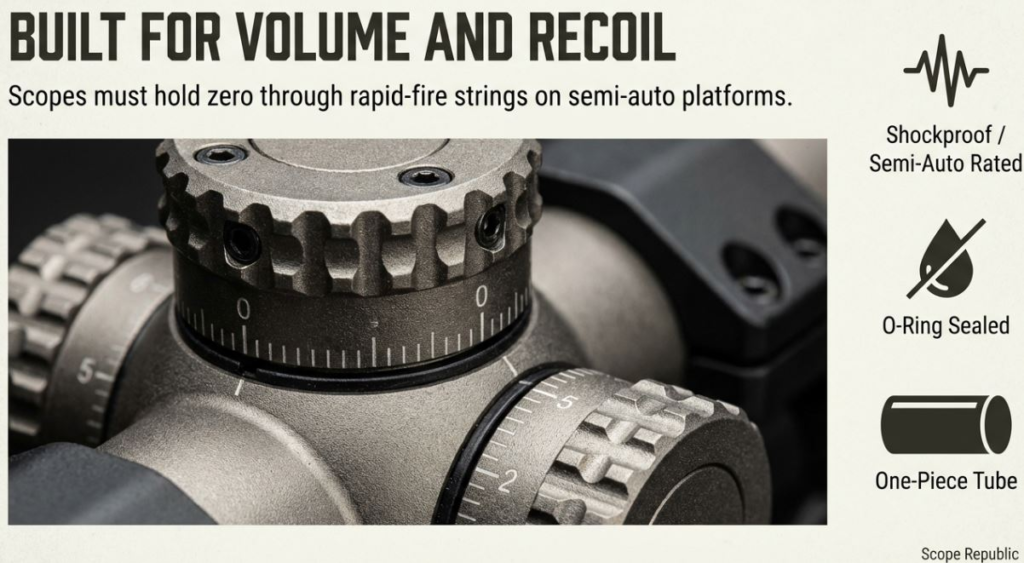 Close-up of a durable scope turret, designed for high volume and recoil on semi-auto firearms. Shockproof and O-ring sealed.