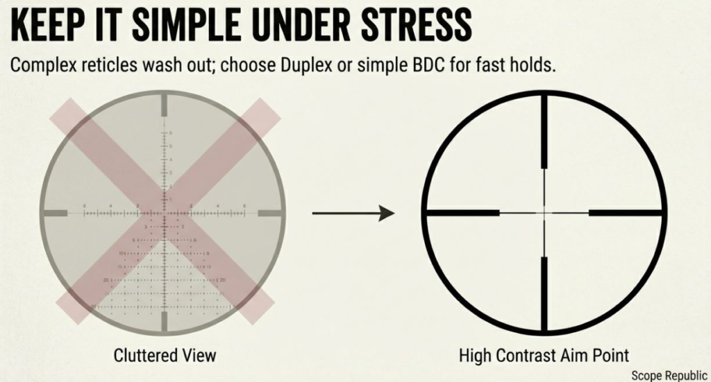 Illustration comparing complex reticles with a cluttered view vs. a high contrast aim point for better targeting.