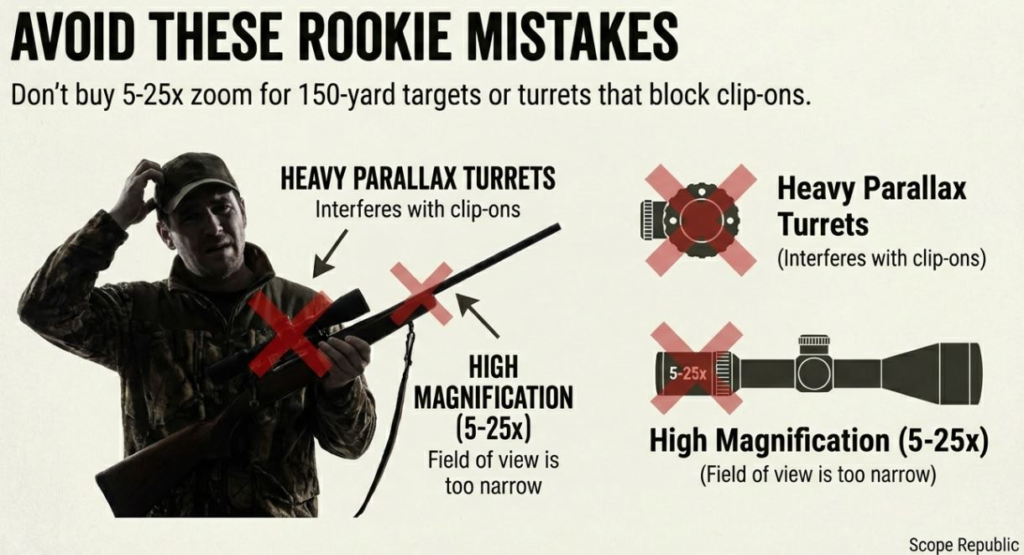 Image showing common scope mistakes: avoiding heavy parallax turrets and high magnification for better targeting.