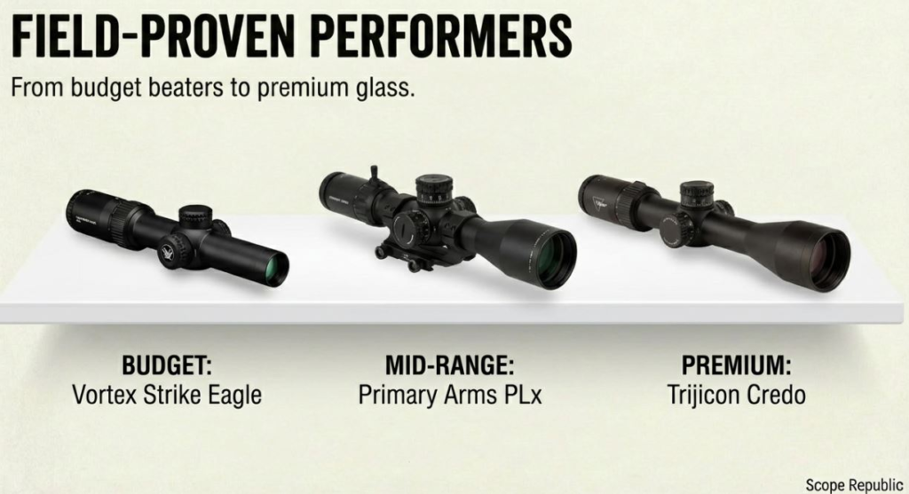 Three rifle scopes on a display: Vortex Strike Eagle (budget), Primary Arms PLx (mid-range), Trijicon Credo (premium).
