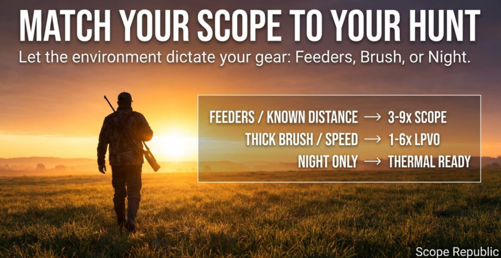 Hiker in sunset fields with tips on matching hunting scopes to environments: feeders, brush, or night hunting gear.