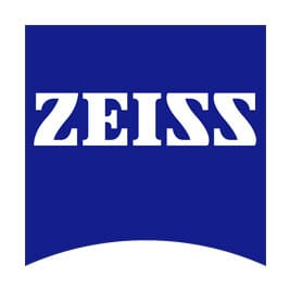 Zeiss logo featuring bold white letters on a blue background, representing quality optics and precision technology.